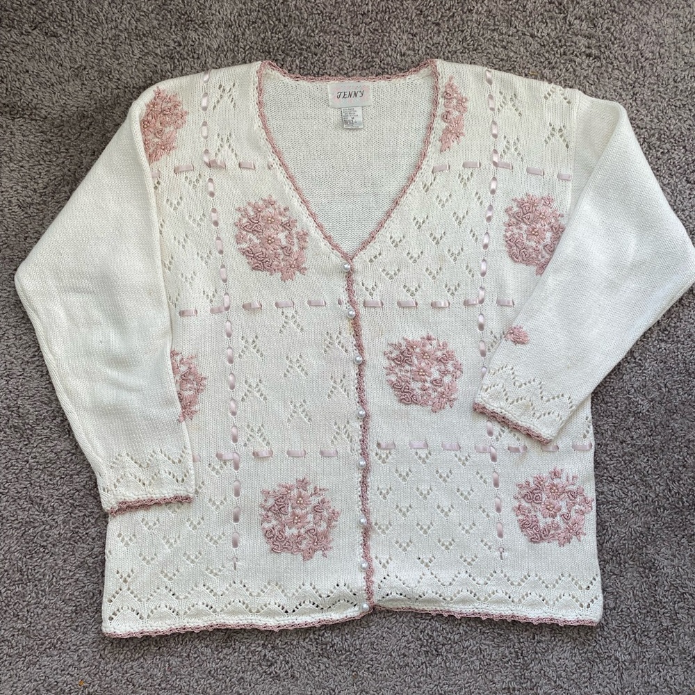 Vintage White and Pink Women's Cardigan